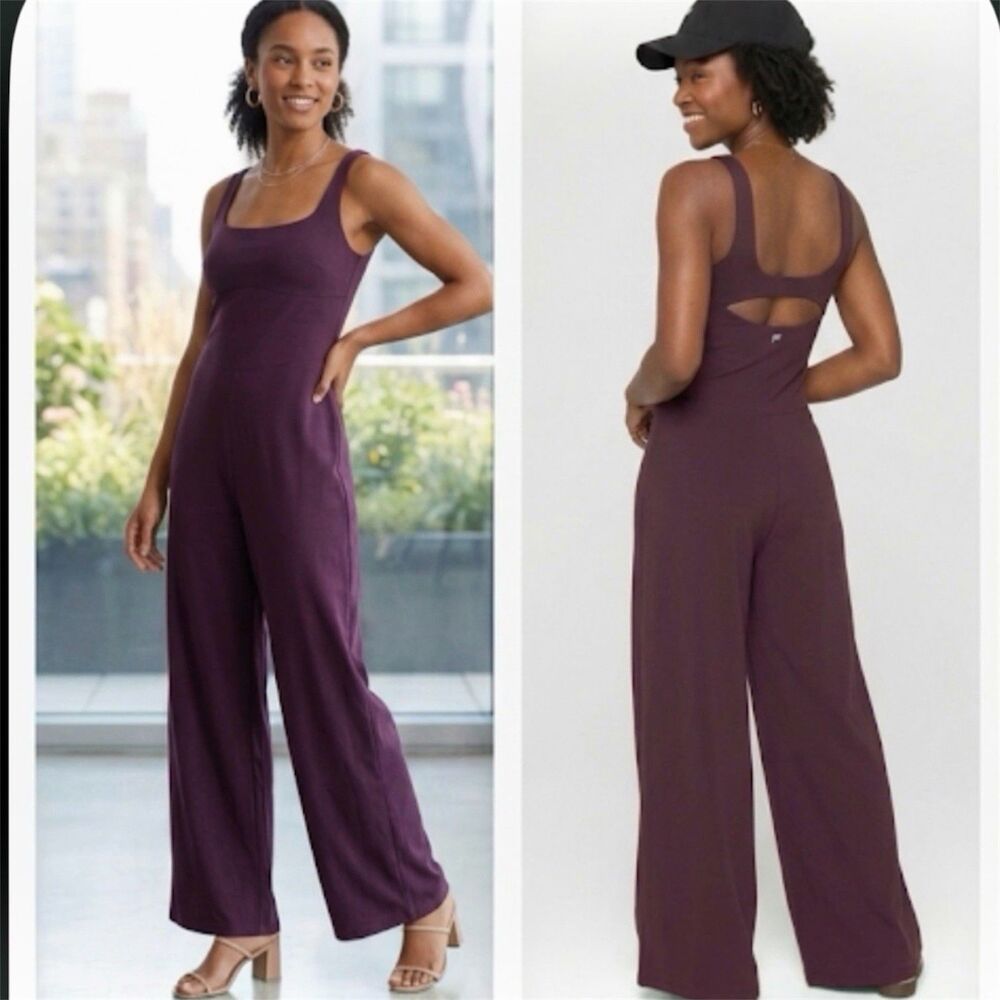 Fabletics Jumpsuit XXL 1X Wide Leg Sleeveless Plum Athleisure Lounge Stretch New